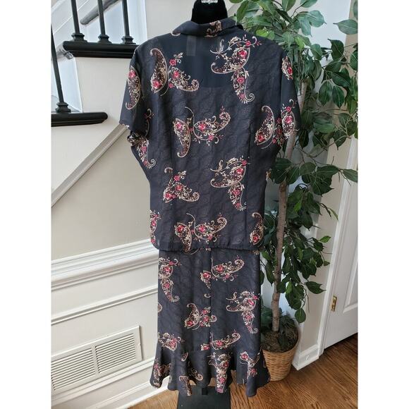 Emma & James 3 Piece Skirt Suit Women Size 14 Black Floral Collar Button Front - Picture 7 of 13